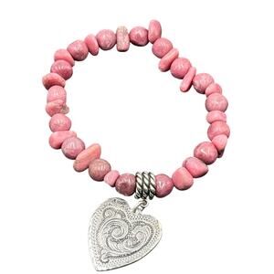 Relios Carolyn Pollack Sterling Heart Charm Rhodonite Pink Bead Stretch Bracelet